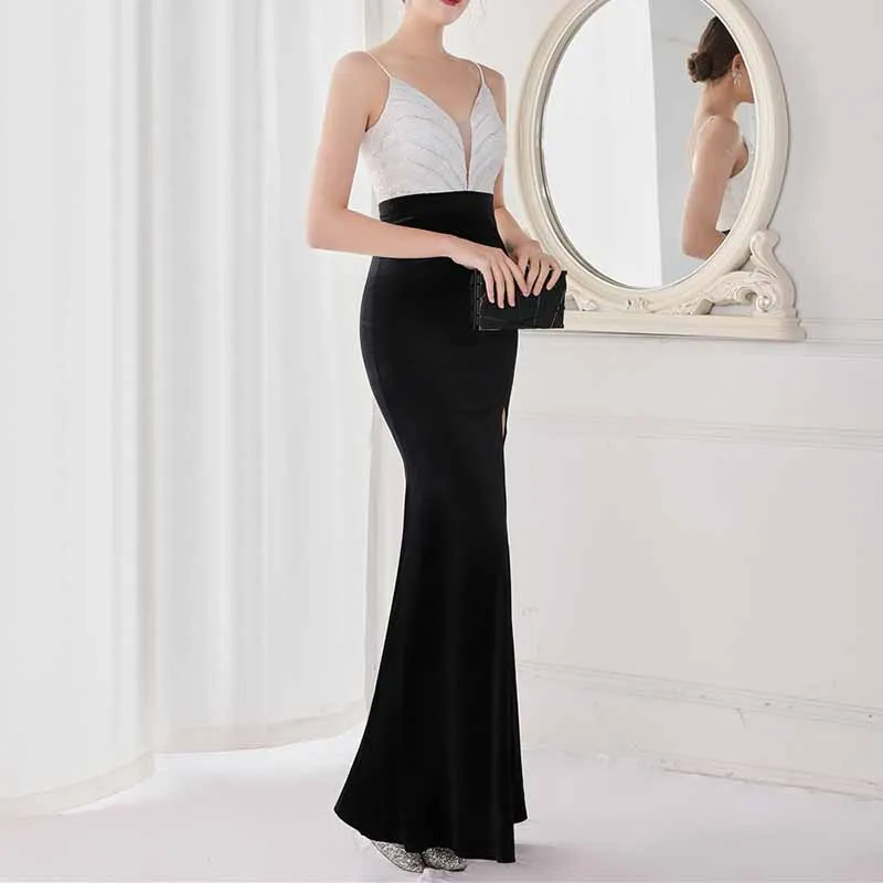 Women's Sexy V Neck Bodycon Sequin Gown Evening Dress with Slit