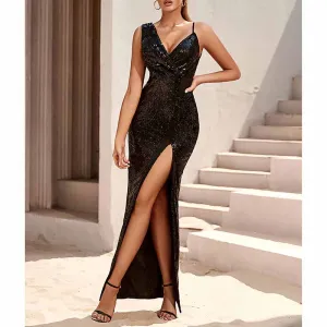 Women's Sexy V Neck Bodycon Sequin Gown Evening Dress with Slit