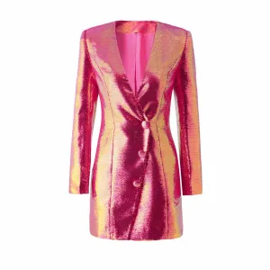 Women's Sexy V Neck Fully Sequinned Mini Dress Hot Pink Blazer Dress