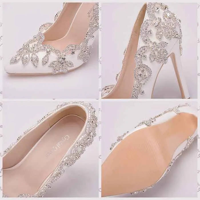 Women's Stiletto High Heel Dress Pumps Bridal Wedding Shoes with Rhinestone