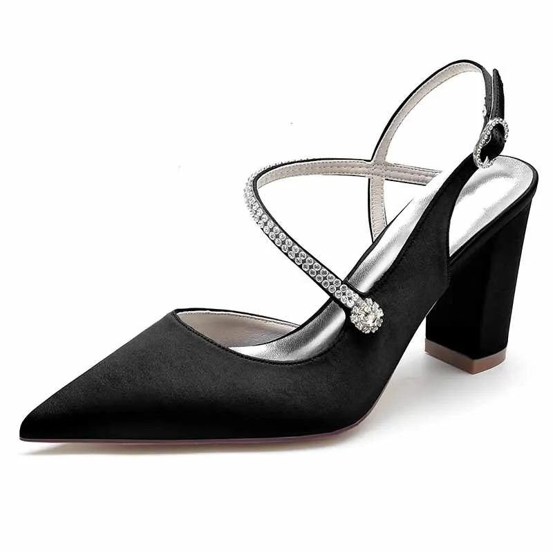 Women's Strappy Chunky Heels Closed Pointed Toe Satin Pump Heel Wedding Sandals