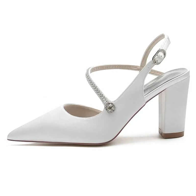 Women's Strappy Chunky Heels Closed Pointed Toe Satin Pump Heel Wedding Sandals