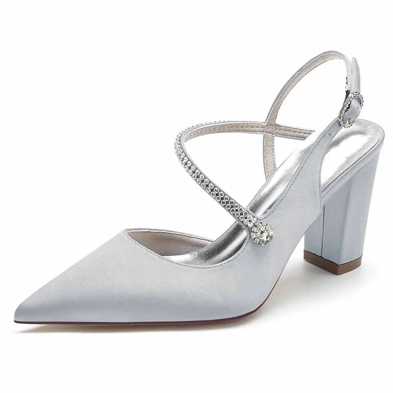 Women's Strappy Chunky Heels Closed Pointed Toe Satin Pump Heel Wedding Sandals