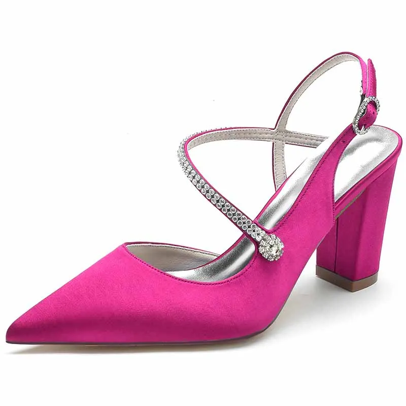 Women's Strappy Chunky Heels Closed Pointed Toe Satin Pump Heel Wedding Sandals