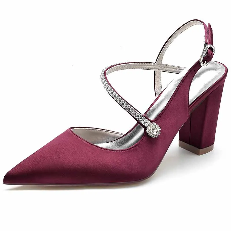 Women's Strappy Chunky Heels Closed Pointed Toe Satin Pump Heel Wedding Sandals