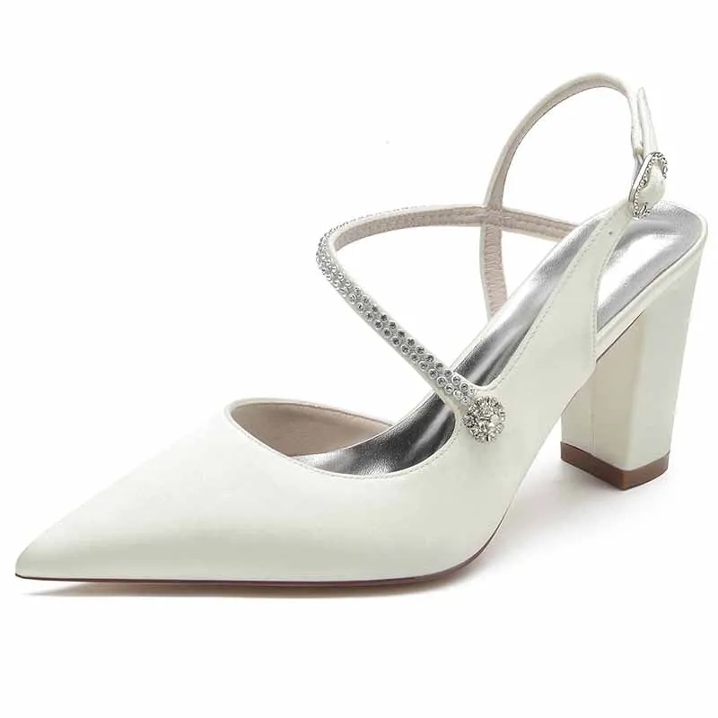 Women's Strappy Chunky Heels Closed Pointed Toe Satin Pump Heel Wedding Sandals