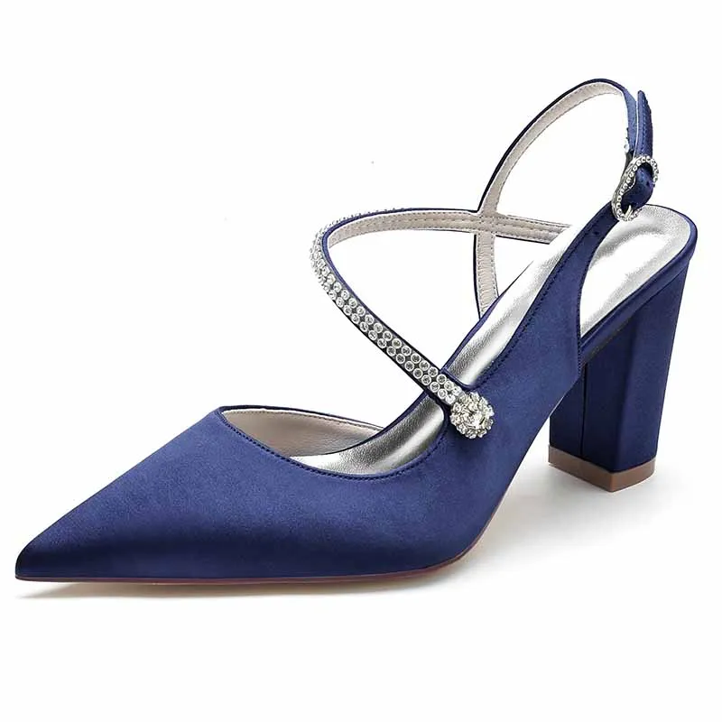 Women's Strappy Chunky Heels Closed Pointed Toe Satin Pump Heel Wedding Sandals