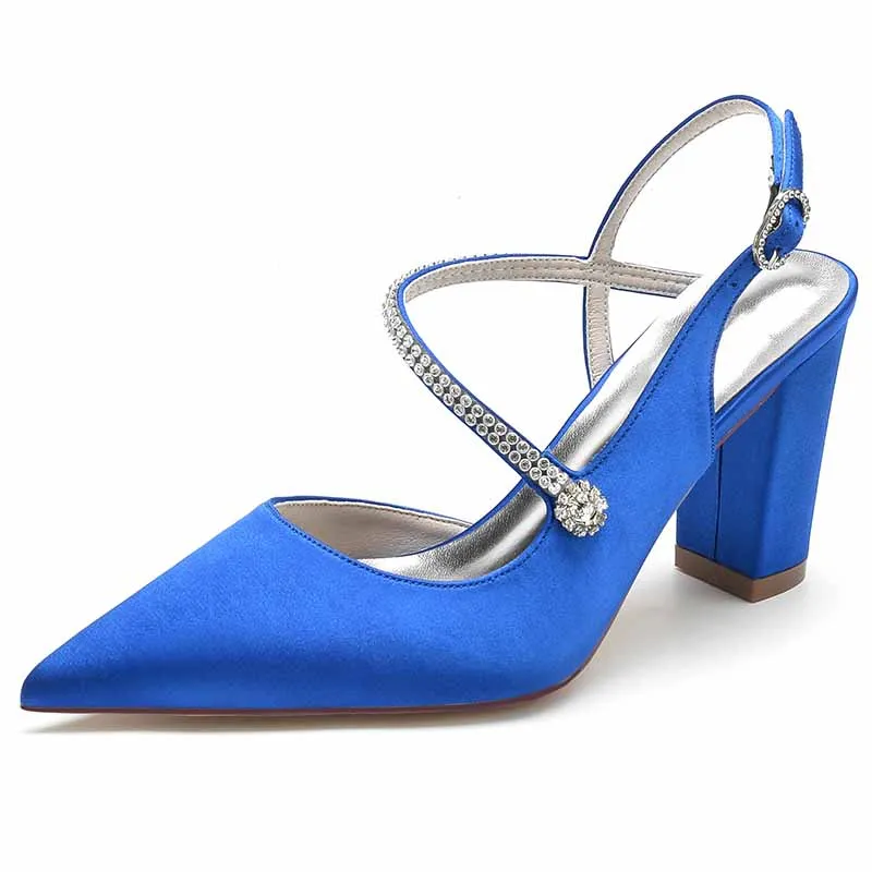 Women's Strappy Chunky Heels Closed Pointed Toe Satin Pump Heel Wedding Sandals