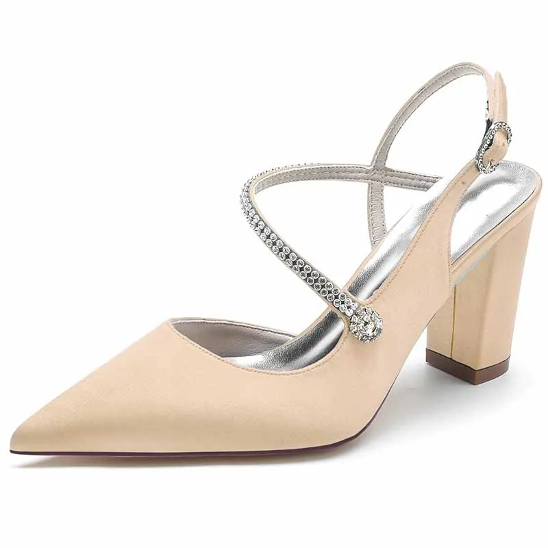 Women's Strappy Chunky Heels Closed Pointed Toe Satin Pump Heel Wedding Sandals