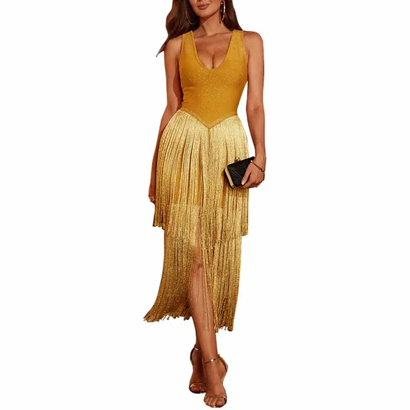 Women's Tassels Cocktail Dress Yellow Bandage Dress Club Bodycon Dress