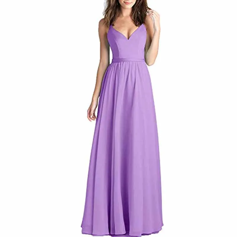 Women's V-Neck Pleated Chiffon Bridesmaid Dresses Long Prom Dress Evening Dress