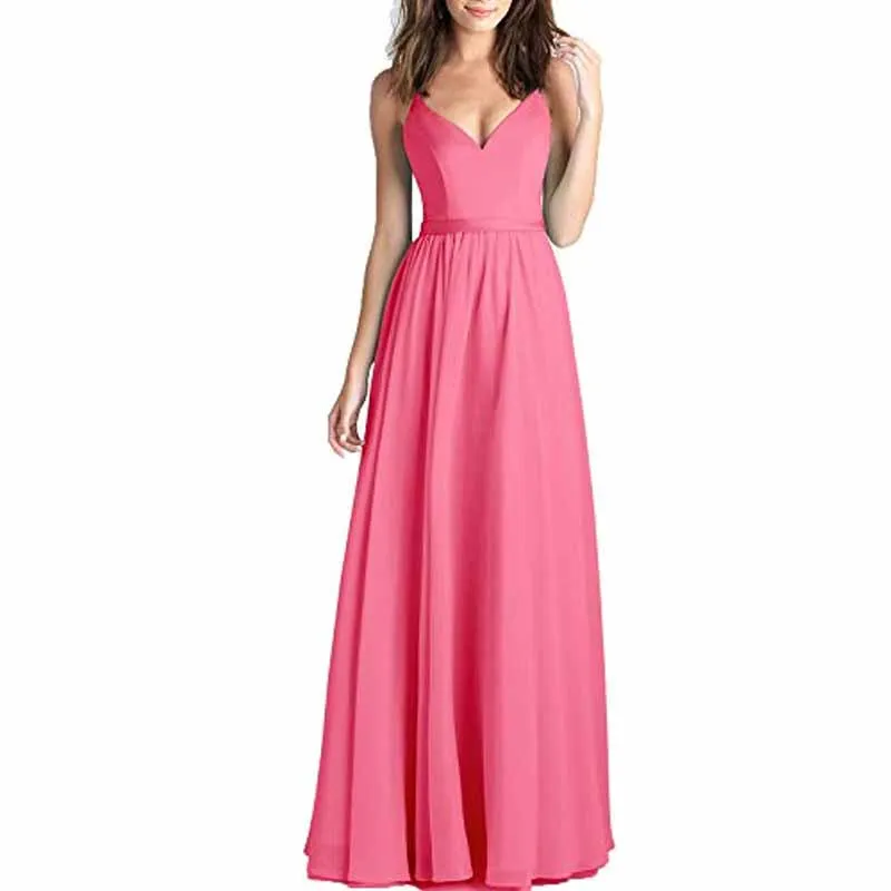 Women's V-Neck Pleated Chiffon Bridesmaid Dresses Long Prom Dress Evening Dress