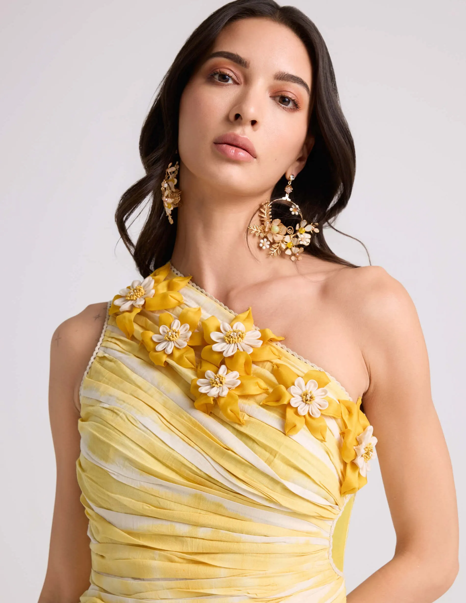 Yellow tie-dye asymmetrical ruched dress