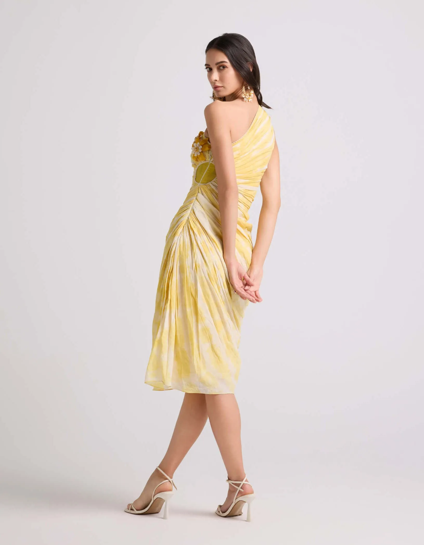 Yellow tie-dye asymmetrical ruched dress